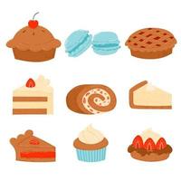 Set of Bakery and Pastry Desserts with Chocolate, Vanilla, Cherry and Strawberry flavors. Cake, Pie, Cupcake, Muffin, Cheesecake, Roll vector