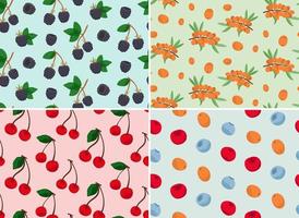 Seamless patterns with different berries. Nature textures in cartoon style. vector