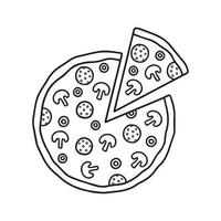 garabato de pizza dibujado a mano. rebanada de pizza con champiñones al estilo boceto. ilustración vectorial aislado sobre fondo blanco vector