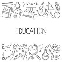 Set of Education and Science doodle. Formulas in physics and mathematics, laboratory equipment in sketch style. Hand drawn vector illustration.