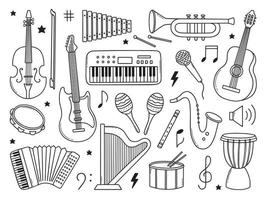 conjunto dibujado a mano de doodle de música. instrumentos musicales en estilo boceto. ilustración vectorial aislado sobre fondo blanco vector