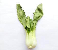 Mustard greens or Pakcoy leaves look wilted because they are cold and moist ready to be cooked, on a white background photo