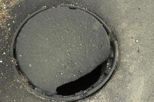 Hole in asphalt. Hatch in ground. Broken cover. Dangerous place on road. photo