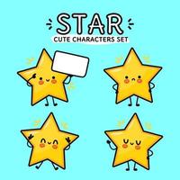 Funny cute happy star characters bundle set. Vector hand drawn doodle style cartoon character illustration icon design. Isolated on blue background. Cute star mascot character collection