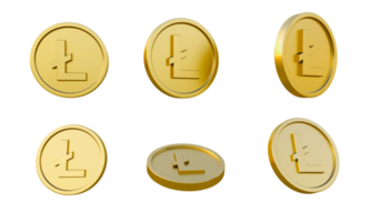 conjunto de moedas de ouro com sinal litecoin ou ilustração 3d símbolo, renderização 3d mínima. png