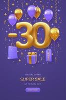 30 percent Off discount promotion Sale banner design on purple background. Realistic gold 3D 30 number with shopping bag, price tag, gift box with golden bow, fly helium balloons. Vector illustration.