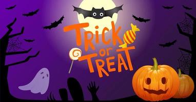 diseño de banner de truco o trato de halloween. banner para publicación en redes sociales, volante o afiche. truco o trato con dulces, calabaza y murciélagos sobre fondo violeta oscuro. ilustración vectorial espeluznante. vector