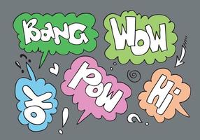 Hand drawn set of speech bubbles with handwritten short phrases  wow,bang,pow,hi,ok on gray background. vector