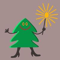 Happy smiling Christmas tree with sparkler in hand. vector