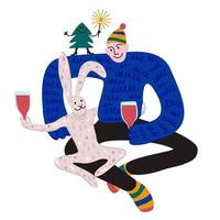 Man and rabbit hugging and drinking wine. Fir tree dancing on man's shoulder. vector