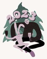 2023. Year of rabbit. Man and rabbit hugging and drinking wine near fir trees. vector