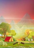 Spring landscape with camping tent, camp fire and mountains in forest  tree with Sunset sky in evening,Vector Cartoon peaceful nature with green grass land with dramatic sky,Summer camp banner concept vector