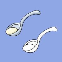 A set of illustrations, a large silver spoon with sour cream, a vector illustration in cartoon style on a colored background