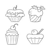 Monochrome set of icons, delicious cupcakes with delicate cream and berries, vector illustration in cartoon style on a white background