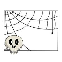 Square decorative frame with cobwebs, skull smiles, front view, copy space, vector illustration in cartoon style