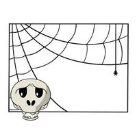 Square decorative frame with cobwebs, sad skull, offended, copy space, vector illustration in cartoon style