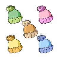 A set of colored icons, a knitted warm hat with a pompom, a vector illustration in cartoon style on a white background