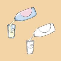 A set of images, a plastic bottle with a drink, pour milk into a glass vessel, copy space, vector illustration in cartoon style on a colored background