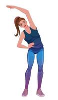 Sporty girl is doing exercise. Cute fitness character is stretching. Colorful illustration in cartoon style. Vector art isolated on white background.