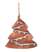 galleta de jengibre de navidad colgando de una cuerda. acuarela tarjeta de navidad para invitaciones, saludos, vacaciones y decoración. png