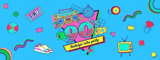 Banner de fiesta retro colorido nostálgico de memphis de los años 90 y 80 vector