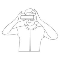 Happy woman holding virtual reality glasses. VR technology black and white contour vector illustration of girl in digital augmented reality. Metaverse minimalist simple character