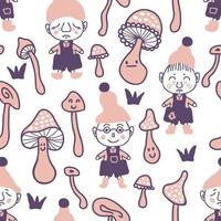 Doodle seamless pattern with gnomes and fungus. vector