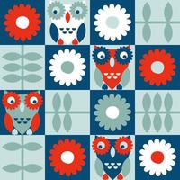 Geometric seamless pattern with owls and flowers in retro swiss style. vector