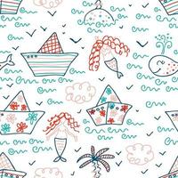 Doodle seamless pattern with boats, palm island, whale and mermaids. vector