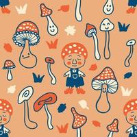 Autumn seamless pattern with gnomes and agaric mushrooms. vector