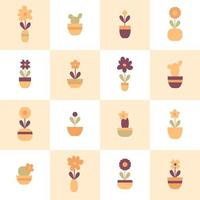 Seamless pattern with simple flowers in pots on a checkered background. vector