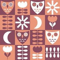 Retro seamless pattern with owls, sun and moon. vector