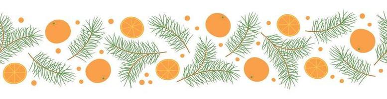 Seamless border with pine twigs and oranges. Template for Christmas winter design vector