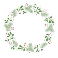 Winter wreath with mistletoe and pine twigs. Template for Christmas greeting card, invitation, poster, banner, print. vector