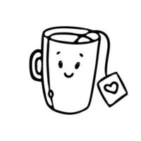 Kawaii Cup with tea bag outline cartoon doodle Vector Illustration Cute mug with facial character for Coloring book