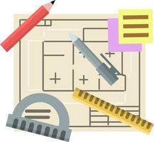 Engineer kit. Drawing plan of building. Design and project documents. Set of drawing items. Construction worker helmet. Flat House blueprint. Technical scheme vector