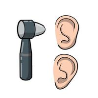 Otoscope. Disease of the ear. Tool for examining the auricle. Doctor visit. Medical care. Hearing problem. Educational scheme. Cartoon illustration vector
