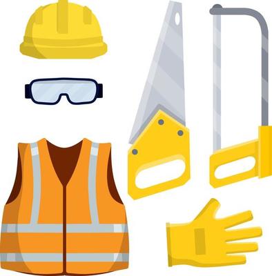 Set of clothes Builder and worker. Yellow vest, helmet, glasses, gloves. jigsaw and saw of lumberjack. Repair and maintenance. Safety and tools for cutting trees. Cartoon flat illustration