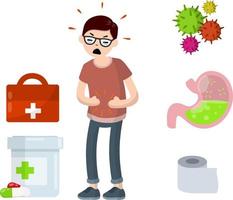 Diarrhea, upset stomach. Man holding belly. Medical assistance in case of poisoning. Poor nutrition. Health problem. Set of indigestion Icons. Toilet paper, virus, bacteria and microbe. vector