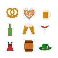 símbolos tradicionales de oktoberfest. pan de jengibre en forma de corazón, pretzel, taza, vasos, botella, salchicha, dirndl, barril, sombrero alpino. fiesta tradicional de la cerveza bávara. conjunto de iconos de vector plano.