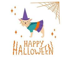 Halloween vector cute cartoon dogs illustrations. Dogs in Halloween costumes in witch hat. Pet terrier dog in witch costume