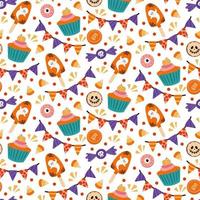 A vector illustration seamless pattern background of halloween trick or treat candies. Bright candies and sweets in the traditional colors of Halloween