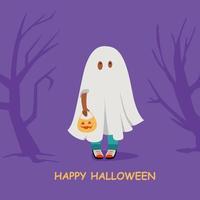 Happy Halloween. Child kid wearing ghost spirit costume. Pumpkin bag. Trick or treat. Cute halloween baby character. Violet background. Vector flat illustration