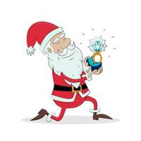 Santa Claus gives a diamond ring while standing on one knee. A concept for a romantic New Year's Eve proposal. vector