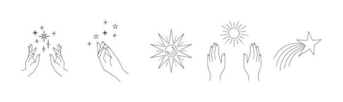 Aesthetic hands and cosmic and celestial elements. Universal cosmos related icons. Linear vector illustrations. Magic and Witchcraft symbology.