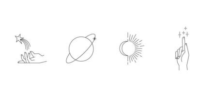 Aesthetic hands and cosmic and celestial elements. Universal cosmos related icons. Linear vector illustrations. Magic and Witchcraft symbology.