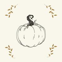 Happy Thanksgiving rustic greeting card with one line art pumpkin icon. Minimalist fall holiday background vector illustration. Continuous line autumn design for invitation, greeting card, banner