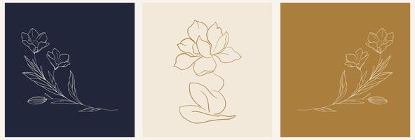 A set of logos in a trendy linear style with a silhouette of a woman and flowers. Luxury and decor concepts for exclusive services and products, beauty and spa industry vector