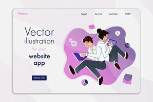 Website landing page Man and woman uses a tablet. The concept of working online through gadgets on a color background vector