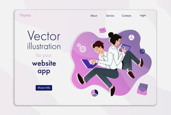 Website landing page Man and woman uses a tablet. The concept of working online through gadgets on a color background